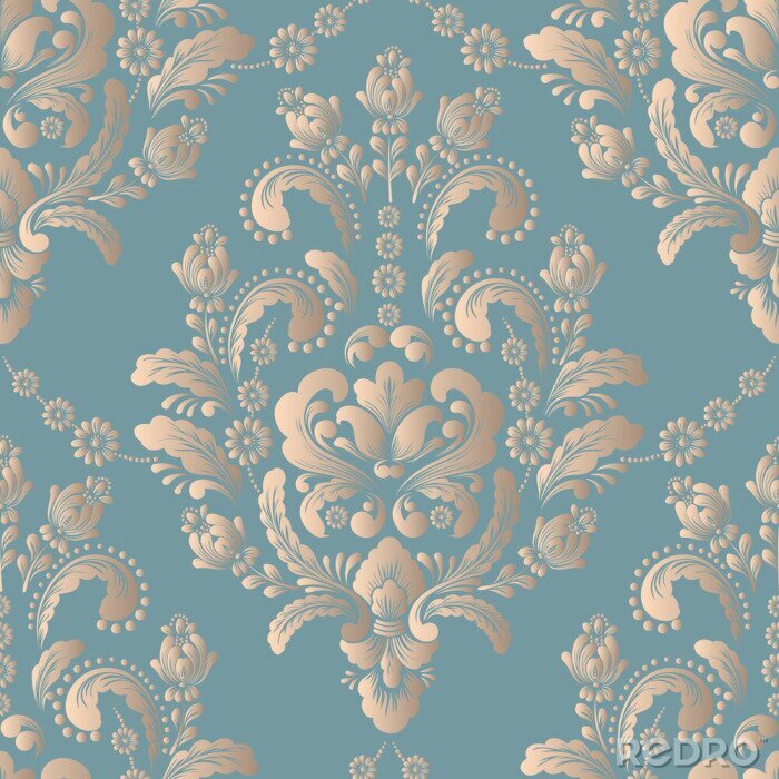 Papier peint  Motif ornemental beige sur fond turquoise