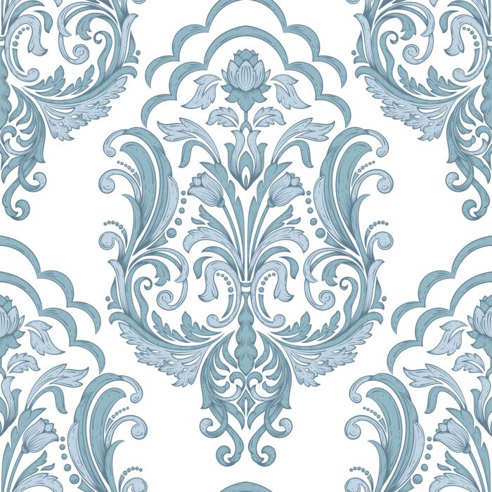Papier peint  Motif ornemental bleu sur fond blanc