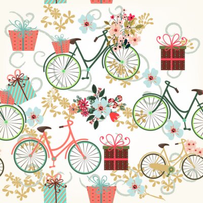 Motif papier peint à fleurs avec des bicyclettes et des fleurs