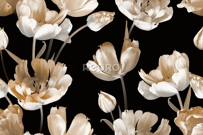 Papier peint  Motif rétro avec des tulipes sur un fond noir
