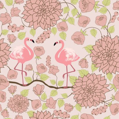 Papier peint  Motif rose avec des oiseaux