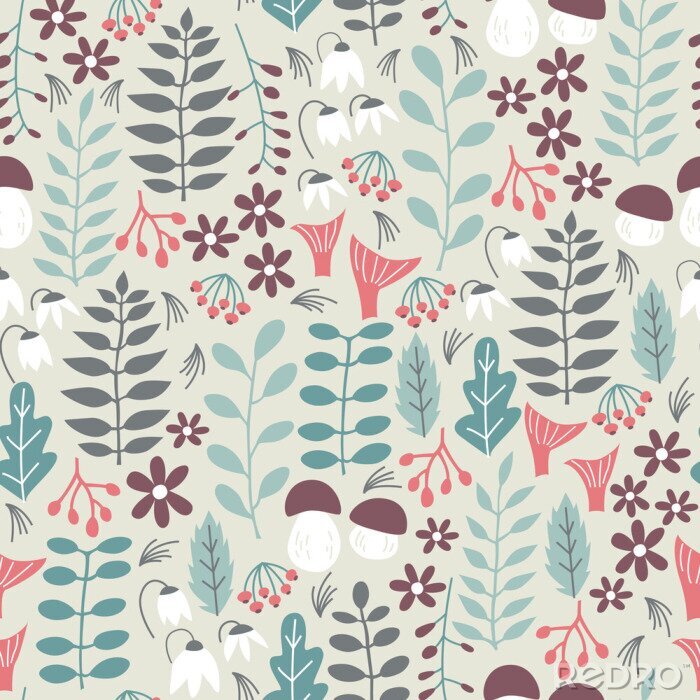 Papier peint  Motif sans couture de forêt. Vecteur, fond, nature, éléments, résumé, formes Motif transparent pour tissu, papier et autres imprimés.