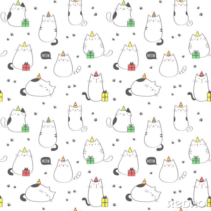 Papier peint  Motif sans faille avec des chats drôles. Fête d'anniversaire. Contexte vectoriel.