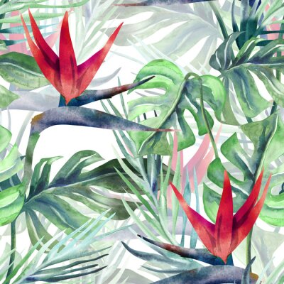 Papier peint  Motif sans soudure de plante exotique. Aquarelle avec des fleurs Strelitzia.