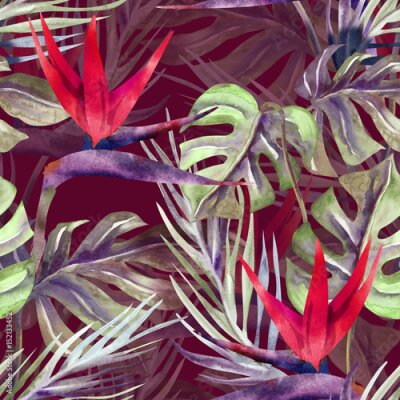 Papier peint  Motif sans soudure de plante exotique. Aquarelle avec des fleurs Strelitzia.