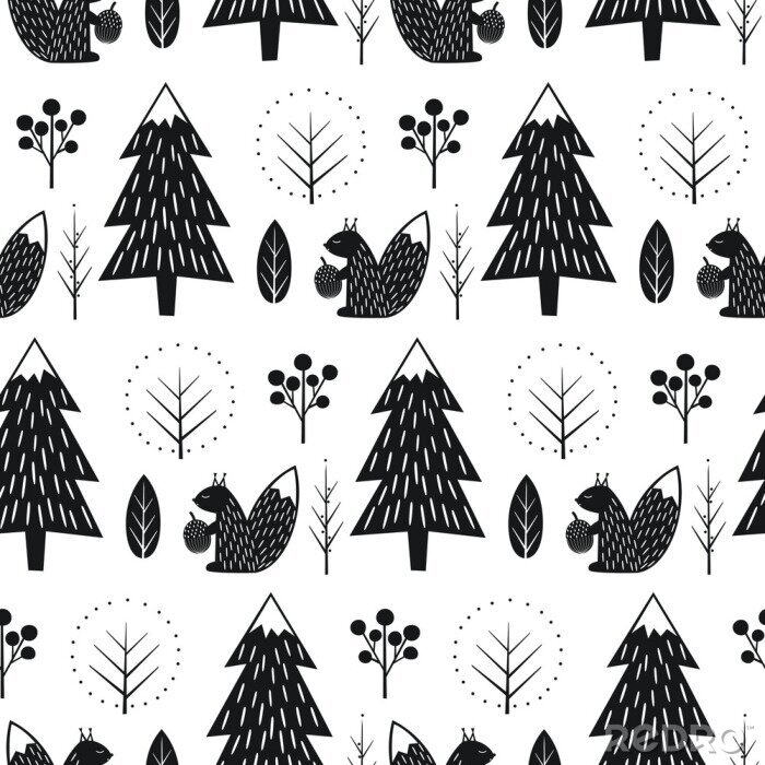 Papier peint  Motif scandinave noir et blanc avec des écureuils dans la forêt