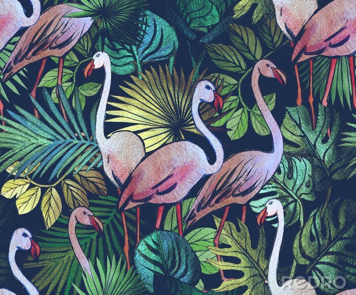 Papier peint  Motif sombre avec des flamants roses et des plantes