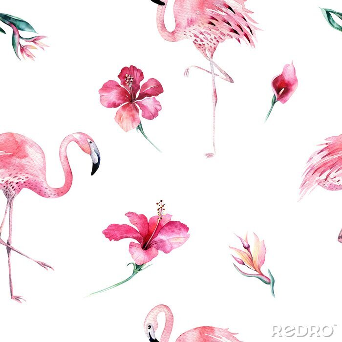 Papier peint  Motif transparent isolé tropical avec flamant. Dessin au tropique d'aquarelle, oiseau rose et palmier vert, texture tropicale verte, fleur exotique. Ensemble Aloha
