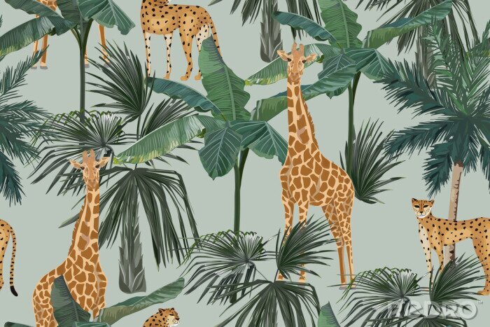 Papier peint  Motif tropical avec des girafes