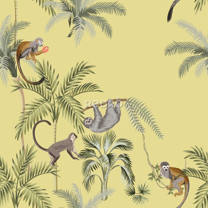 Papier peint  Motif tropical avec des singes sur des palmiers