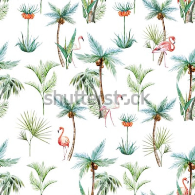 Papier peint  Motif tropical blanc avec flamants roses