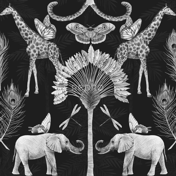 Papier peint  Motif tropical oriental avec des éléphants