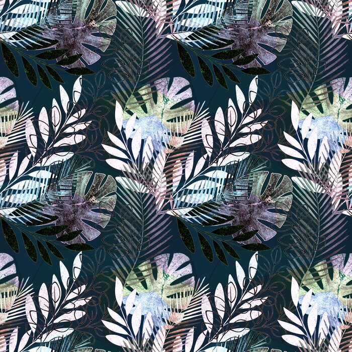 Papier peint  Motif tropical vif sans soudure. Feuilles de palmier coloré sur un fond noir.