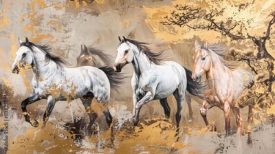 Papier peint  Motif vintage avec des chevaux et des décorations dorées