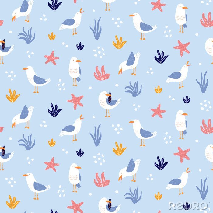 Papier peint  Mouettes et plantes sur fond bleu