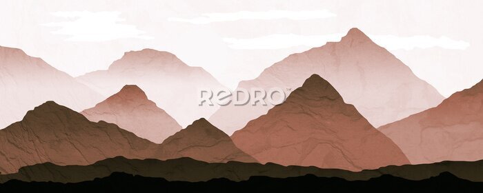 Papier peint  Mountain Landscape illustration with distant mist. Processed in warm graduated brown and rust tones, with background texture.