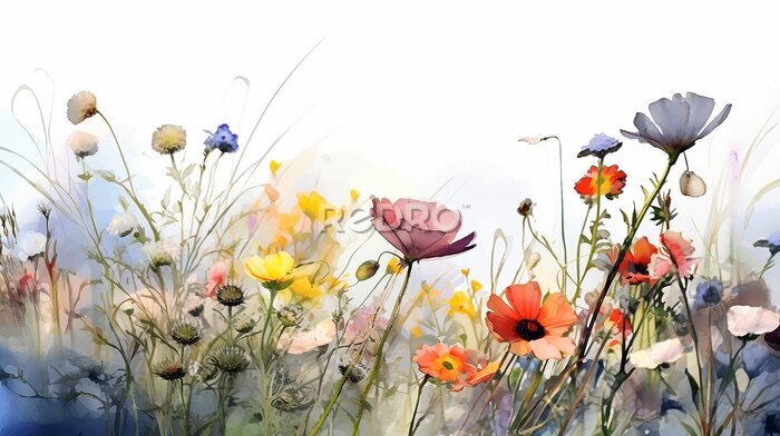 Papier peint  Multicolored wildflowers watercolor field drawing summer. generative ai