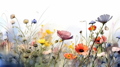 Papier peint  Multicolored wildflowers watercolor field drawing summer. generative ai