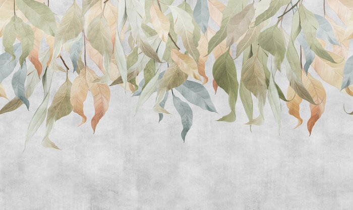 Papier peint  Mur gris avec des feuilles