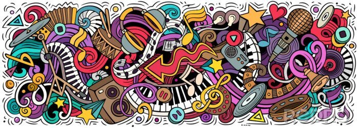 Papier peint  Music hand drawn cartoon doodles illustration. Colorful vector banner