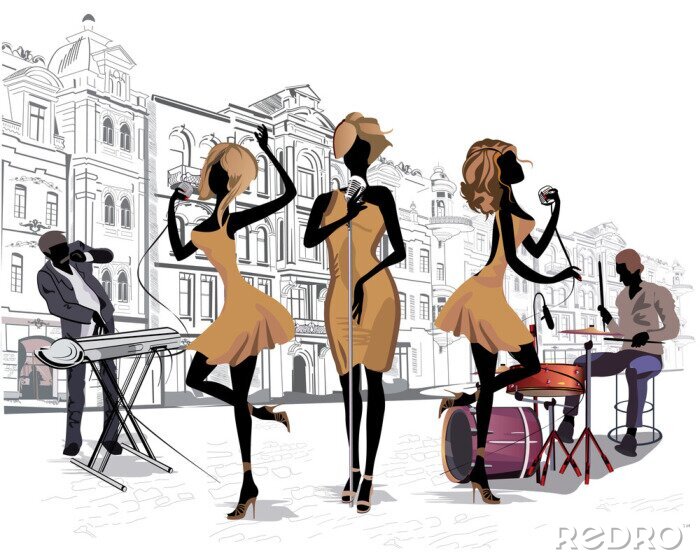 Papier peint  Musiciens de rue dans la rue de la grande ville.