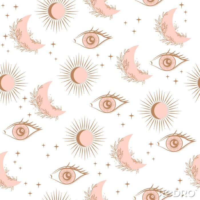 Papier peint  Mystical Seamless pattern with eyes, sunand moon, esoteric and boho objects. Editable Vector Illustration