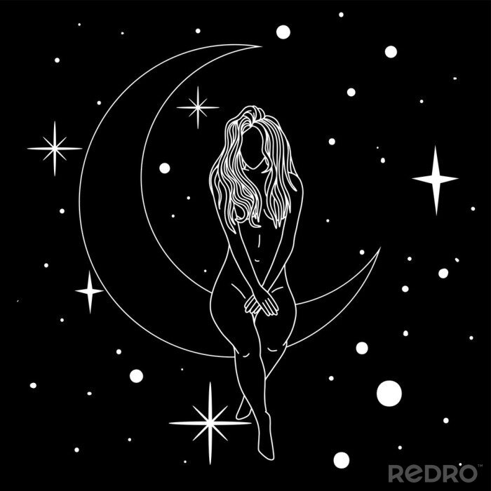 Papier Peint Naked Woman Sitting On The Moon In Trendy Linear Minimal Style Sur Mesure Redro Fr