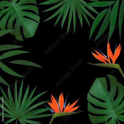 Papier peint  Natural Realistic Green Palm Leaf with Strelitzia Flower Tropical Background.  illustration