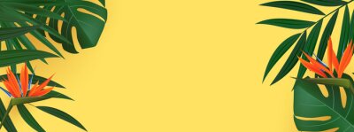 Papier peint  Natural Realistic Green Palm Leaf with Strelitzia Flower Tropical Background. illustration