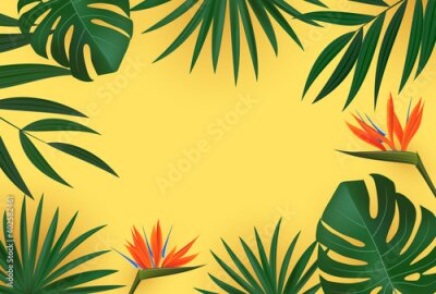 Papier peint  Natural Realistic Green Palm Leaf with Strelitzia Flower Tropical Background. Vector illustration EPS10