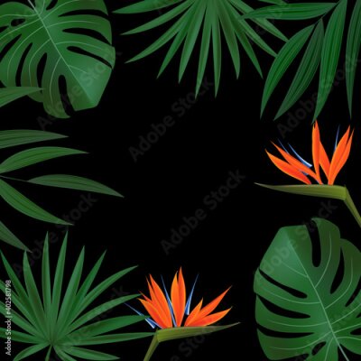 Papier peint  Natural Realistic Green Palm Leaf with Strelitzia Flower Tropical Background. Vector illustration EPS10