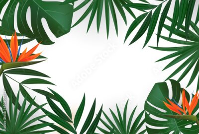 Papier peint  Natural Realistic Green Palm Leaf with Strelitzia Flower Tropical Background. Vector illustration EPS10
