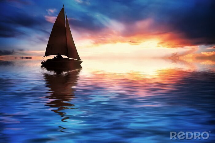 Papier peint  Navire en mer avant le coucher du soleil