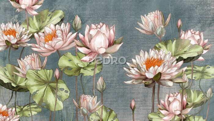 Papier peint  Nénuphars et feuilles vertes