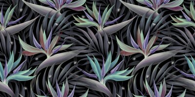 Papier peint  Neon mystic seamless pattern. Vintage strelitzia flowers, palm leaves, night fireflies. Luxury wallpaper, dark mural, cloth, curtains, poster, paper. 3d illustration, black background, premium texture