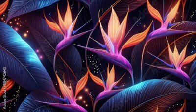 Papier peint  neon mystic seamless pattern vintage strelitzia flowers palm leaves night fireflies luxury wallpaper dark mural cloth curtains poster paper 3d illustration black background premium texture