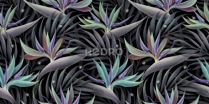 Papier peint  Neon mystic seamless pattern. Vintage strelitzia flowers, palm leaves, night fireflies. Luxury wallpaper, dark mural, cloth, curtains, poster, paper. 3d illustration, black background, premium texture