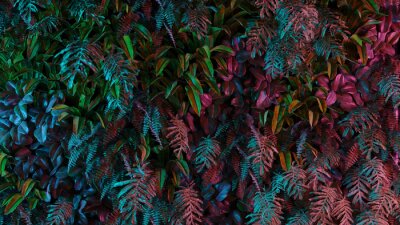Papier peint  Neon tropical jungle forest leaves in vibrant color for retro poster background like stranger things. 80s 70s 60s. 3d rendering