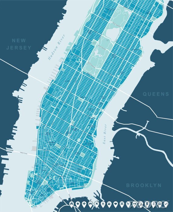 Papier peint  New York Carte - Basse et Moyenne Manhattan. Hautement carte détaillée de vecteur incluant toutes les rues, les parcs, les noms des sous-districts, points d'intérêt, des étiquettes, des quartiers.