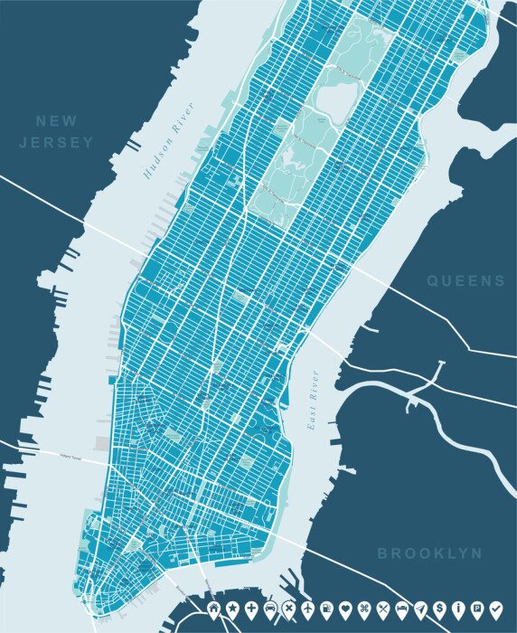 Papier peint  New York Carte - Basse et Moyenne Manhattan. Hautement carte détaillée de vecteur incluant toutes les rues, les parcs, les noms des sous-districts, points d'intérêt, des étiquettes, des quartiers.