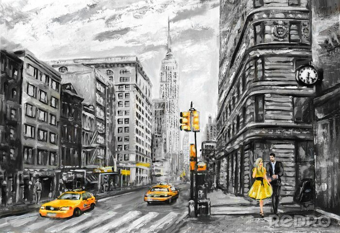 Papier peint  New York en gris et jaune