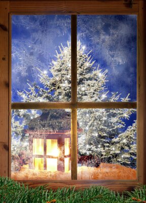 Papier peint  Noël vu à travers une fenêtre