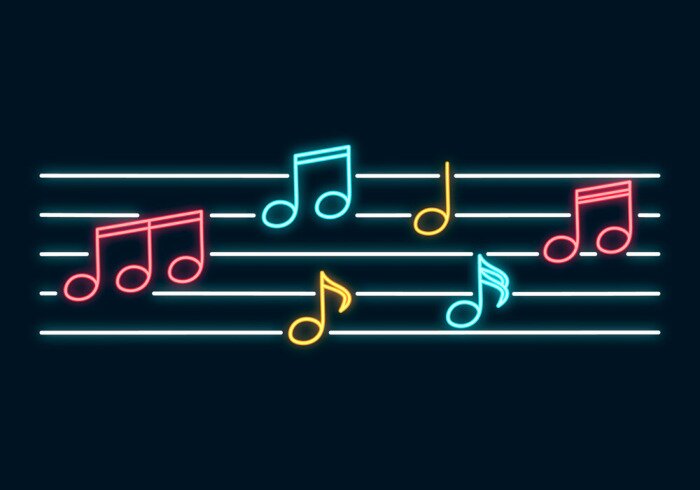 Papier peint  Notes de musique frontière signe néon. Led Concept pour magasin de musique avec clef. Illustration de vecteur isolé