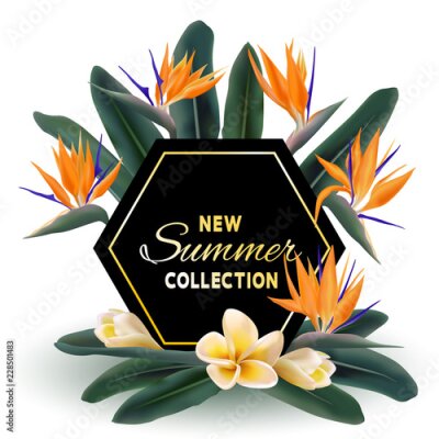 Papier peint  Nouvelle affiche de vecteur de vente Summer Collection. Texte doré sur la gloire à l'hexagone noir et les fleurs et les feuilles de la jungle exotique strelitzia reginae. Bannière élégante avec plante