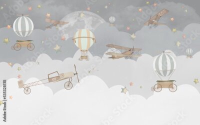 Papier peint  Nuages gris, ballons, voitures et avions