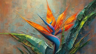 Papier peint  Oil Painting Still Life Amorphophallus Titanum Plant and Strelitzia Bird of paradise Liquid Paint Art Floral Background