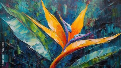 Papier peint  Oil Painting Still Life Amorphophallus Titanum Plant and Strelitzia Bird of paradise Liquid Paint Art Floral Background