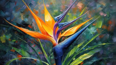 Papier peint  Oil Painting Still Life Amorphophallus Titanum Plant and Strelitzia Bird of paradise Liquid Paint Art Floral Background
