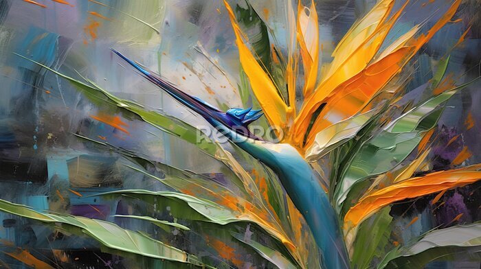 Papier peint  Oil Painting Still Life Amorphophallus Titanum Plant and Strelitzia Bird of paradise Liquid Paint Art Floral Background