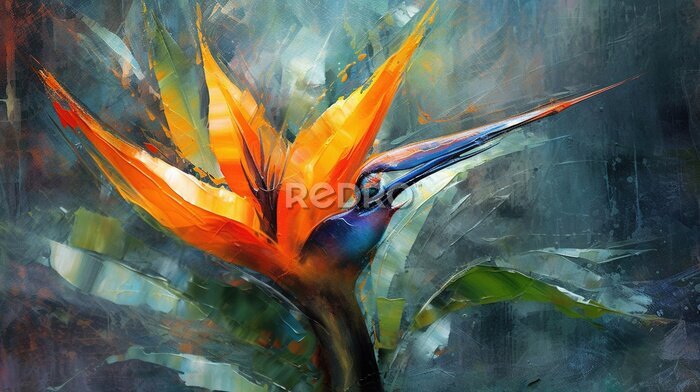 Papier peint  Oil Painting Still Life Amorphophallus Titanum Plant and Strelitzia Bird of paradise Liquid Paint Art Floral Background
